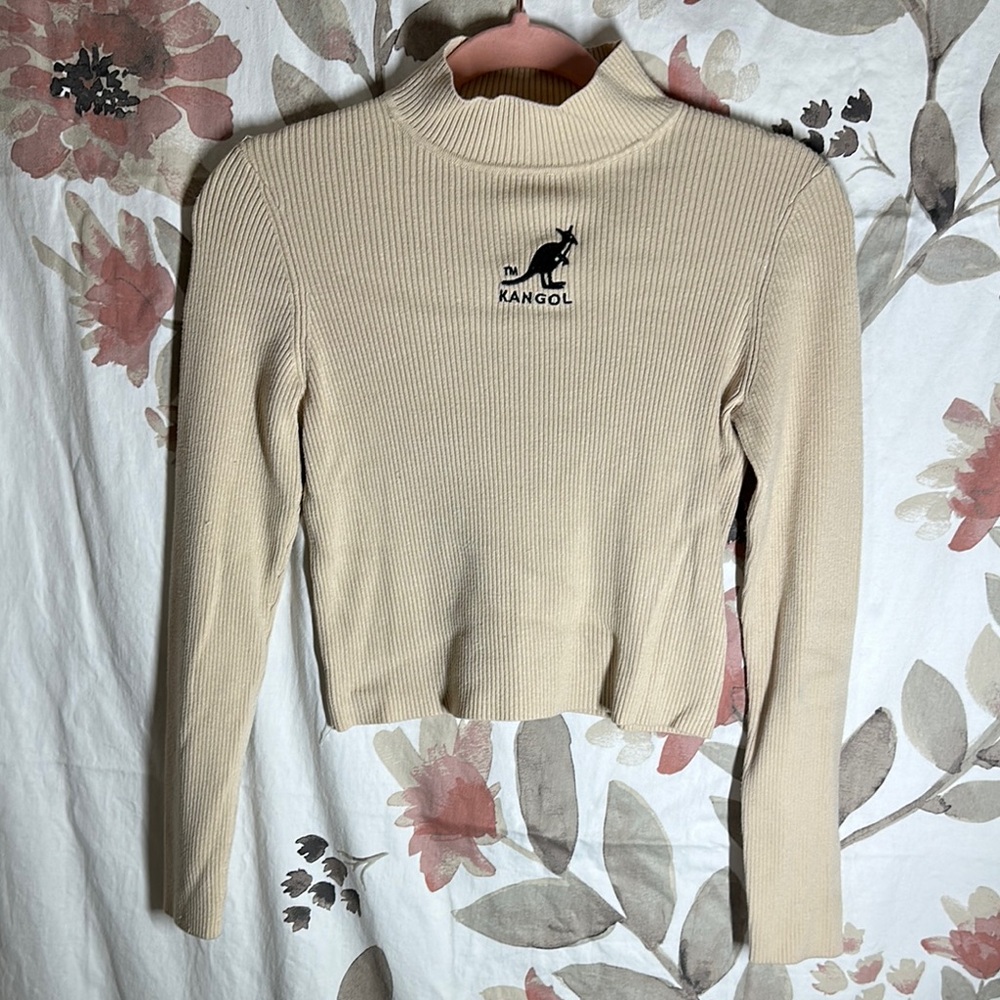 Kangol Women's Beige Ribbed Turtleneck Top